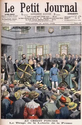Zeichnung der Presselotterie in den Büros des Crédit Foncier von Frankreich in Paris. Landkredit. Die Presselotterie. Illustration für Le Petit Journal
