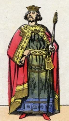 Dynastie der Kapetinger: Porträt von Ludwig VI dem Dicken (1081-1137), König der Franken von 1108 bis 1137. Epinal-Bild aus dem späten 19. Jahrhundert. Private Sammlung