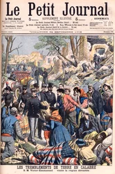Erdbeben in Kalabrien, Italien. König Viktor Emanuel III. besucht die verwüsteten Regionen. Illustration für Le Petit Journal, 24. September 1905