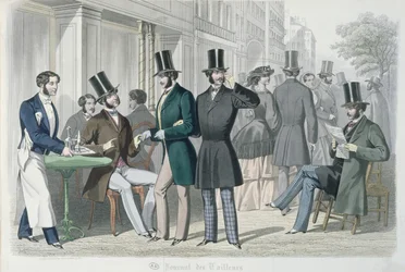 Elegante junge Männer auf der Terrasse eines Cafés, 1857