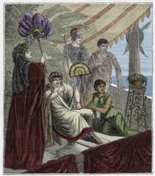 Smaragdlinse, verwendet als optisches Instrument von Kaiser Nero, Kaiser von Rom (54-68 n. Chr.), der Gladiatorenkämpfe durch einen konkav geschliffenen Smaragd beobachtet, der als Linse zur Korrektur seiner Myopie dient - Gravur in "Sciences mises à la ra