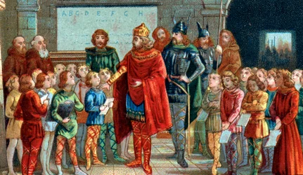 Kaiser Karl der Große besucht eine Schule