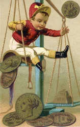 Englischer Jockey, der mit seinem Sattel und britischen Münzen gewogen wird, aus einer Serie von Werbekarten über Währungen in verschiedenen Ländern, veröffentlicht in Paris von Baster & Vieillemard für den Schokoladenhersteller