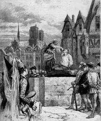 Esmeralda gibt Quasimodo auf dem Place de Greve zu trinken. Illustration aus „Notre Dame de Paris“ von Victor Hugo (1802-1885). Gravur von 1879.