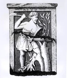 Esus, der große Gott der Natur, Illustration aus Wissenschaft und Literatur im Mittelalter und der Renaissance, geschrieben und graviert von Paul Lacroix, 1878