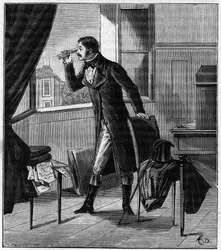 Etienne Louis Malus (1775-1812) beobachtet durch einen Spat die Lichtreflexion des Sonnenuntergangs an den Fenstern von Luxemburg im Jahr 1808 - Etienne-Louis Malus (1775-1812) französischer Offizier, Ingenieur, Physiker und Mathematiker - Gravur in "Wisse