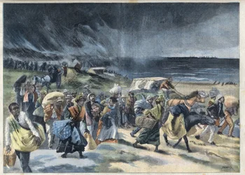 Exodus der Bewohner von Fort-de-France nach dem Ausbruch des Vulkans Montagne Pelee auf Martinique. Gravur in „Le Petit Parisien“.