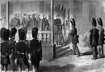 Expedition nach Mexiko (1861-1867): Napoleon III. (1808-1873) übergibt den Sergeanten der Grenadierregimenter die von der französischen Armee in Mexiko erbeuteten Fahnen