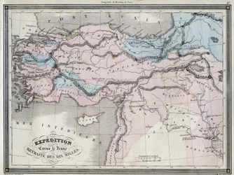Expedition des Kyros des Jüngeren (5. Jahrhundert v. Chr.) und Rückzug der Zehntausend - Tafel aus dem „Universalatlas der alten und modernen Geographie für Internatsschulen“ von Vuillemin - ca. 1845.