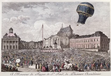 Experiment der Brüder Montgolfier in Versailles mit dem Flug eines Hahns, einer Ente und eines Schafs in einer Montgolfière am 19. September 1783