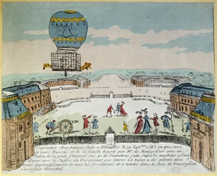 Experiment in Versailles der Brüder Montgolfier mit dem Flug eines Hahns, einer Ente und eines Schafs in einem Montgolfiere-Heißluftballon am 19. September 1783