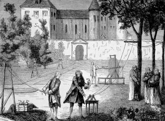 Experiment von 1746 von Lemonnier im Kloster der Chartreux zur Bestimmung der Geschwindigkeit der Elektrizität - in „Album der Wissenschaft; illustre Wissenschaftler; Große Entdeckungen“ 1896
