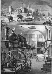 Außenansicht und Hauptwerkstätten der großen Zuckerraffinerie Les Recollets, im Besitz von Herrn Cedard in Nantes im Jahr 1864. Gravur in „Le Monde Illustré“ Nr. 380 vom 23. Juli 1864