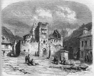 Außenansicht der Kirche Saint Andre (Kirche der Templer), befestigt im 14. Jahrhundert. Luz-Saint-Sauveur, Hautes-Pyrénées (65)