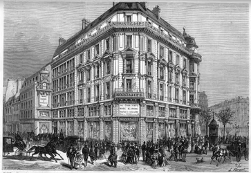 Außenansicht der neuen Printemps-Geschäfte in Paris am Tag der Einweihung der „Wiener Aufzüge“ 1874. Gravur in „Le Monde Illustré“ Nr. 885 vom 28. März 1874
