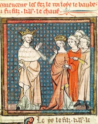 F.180r Die Hochzeit von Ludwig II. (846-79) dem Stammler und Adelheid von Friaul, Königin von Aquitanien, aus den Grandes Chroniques de France 1375-79