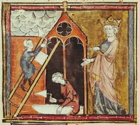 F.235v König Ludwig VI. (1080-1137) beobachtet den Bau einer Kirche, aus den Grandes Chroniques de France, 1375-79