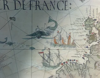 Faksimile von Walfang und Insel Saint Brandon, Detail aus einer Portolankarte von Pierre Desceliers, 1546, veröffentlicht in Monuments de la Geographie von Edme Francois Jomard