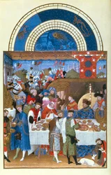 Faksimile von Januar: Bankettszene von den Limbourg-Brüdern, aus den Tres Riches Heures du Duc de Berry