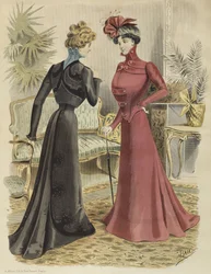Modeplatte, im Wohnzimmer, Illustration aus La Nouvelle Mode, 1897 (Farbstich)