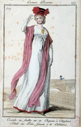 Mode unter dem Direktorium: elegante junge Frau in einem Pariser Anzug: Kokarde aus Blättern auf englischem Hut, Kleid mit Koblentz-Falten. Anonyme Gravur. 1797