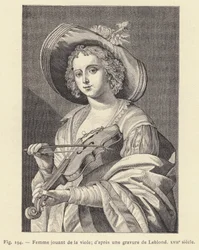 Frau spielt Viola, nach einem Stich von Leblond, 17. Jahrhundert (Stich)