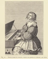 Frau spielt Cembalo, nach einem Stich von Leblond, 17. Jahrhundert (Stich)