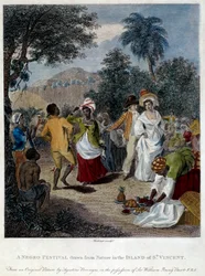 Fest Schwarzer Menschen auf der Insel St. Vincent (Mittelamerika, Antillen). Stich aus dem 19. Jahrhundert. Chartres, Museum der Schönen Künste