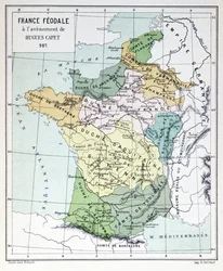 Das feudale Frankreich zur Zeit der Thronbesteigung Hugo Capets im Jahr 987, Karte, illustriert in einer Histoire de France, um 1880