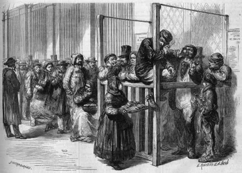 Warteschlange an einem Schalter in der Rue Mont Thabor in Paris zur Zeichnung der Nationalanleihe von 315 Millionen, die von der französischen Regierung 1864 aufgelegt wurde. Gravur in "Le Monde Illustré" Nr. 355 vom 30. Januar 1864.