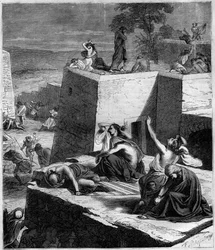 Erster Kreuzzug (1096-1099): Die deutschen Kreuzfahrer besiegen die Ungarn und setzen die Städte in Brand. Gravur in „Geschichte der Päpste-Könige-Königinnen und Kaiser durch die Jahrhunderte“ von Maurice Lachatre