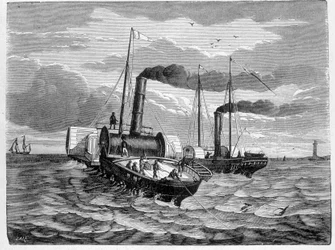 Erster Versuch zur Installation eines elektrischen Leiters von Dover nach Calais (1851) - in „Album der Wissenschaft; berühmte Wissenschaftler; Große Entdeckungen“ 1896