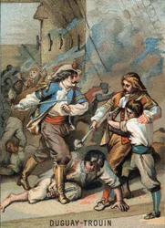Erste Heldentat von Rene Duguay Trouin (1673-1736), französischer Seemann: Duguay - Trouin kämpft gegen Wassenaer (1695). Chromolithographie der Serie Patriotische Erziehung durch Bild