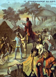 Erste Befreiung der Leibeigenen (1315) durch Ludwig X. Chromolithographie aus der Serie "Patriotische Erziehung durch Bild".