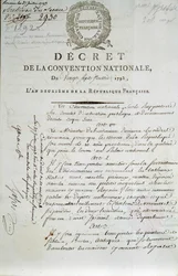 Erste Seite des Dekrets des Nationalkonvents vom 27/07/1793, mit dem der Louvre-Palast als Museum eingerichtet wurde
