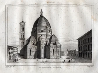 Kathedrale von Florenz - Ansicht der Kathedrale von Florenz (Duomo Santa Maria del Fiore). Die Kuppel wurde von Filippo Brunelleschi um 1420-1436 erbaut, Florenz, Italien - Gravur aus „Italien pittoresk“ - Historische und beschreibende Darstellung von Ital