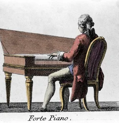 Forte-Piano-Spieler. Gravur aus dem Ende des 18. Jahrhunderts.