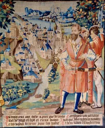 Gründung der Stadt Lyon: Lugdus, Enkel von Galathes, Gründer von Gallien, mit Gefährten, hinter ihm die Stadt Lyon am Zusammenfluss von Rhone und Saone, die Alpenberge in der Ferne. Wandteppich der „Die fabelhafte Geschichte der Ga