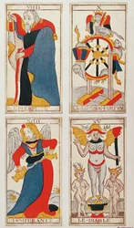 Vier Tarotkarten, die Der Einsiedler, Das Rad des Schicksals, Mäßigkeit und Der Teufel darstellen (farbiger Holzstich)
