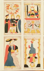Vier Tarotkarten mit den Darstellungen Die Liebenden, Der Wagen, Die Kraft und Der Gehängte