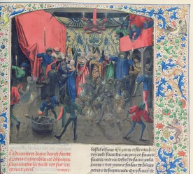 Bal des Ardents, Charles wird von der Herzogin von Berry gerettet, nachdem Louis von Orleans die Kostüme der Tänzer in Brand gesetzt hat, 1392, aus Froissarts Chronik