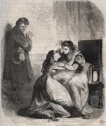 Francoise de Montmorency-Fosseux (Montmorency Fosseux) (1566-1641) bittet Königin Marguerite de Valois (1553-1615), bekannt als Königin Margot, um Vergebung. Sie ist die Geliebte von König Heinrich IV. (1553-1610) und bringt ihr Kind zur Welt