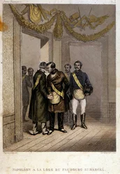 Freimaurerei: Napoleon Joseph Charles Paul Bonaparte, genannt Prinz Jérôme oder Plonplon, wird am Eingang des Tempels im Faubourg Saint-Marcel identifiziert. Stich aus „Histoire pittoresque de la Franc-Maçonnerie et des Sociétés Secrètes antiques“
