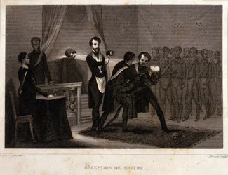 Freimaurerei: Empfangs- und Initiationsritus des Meisters. Gravur aus „Picturesque Histoire de la Franc Maçonnerie et des Sociétés Secrètes antique et modernes“ von F.-T. B. Clavel. Pagnerre, Herausgeber. 1843.