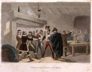 Freimaurerei: Der Eid der Brüder Schnitter in Potok im Jahr 1821. Gravur aus „Picturesque Histoire de la Franc Maconnerie et des Societes Secretes antique et modernes“ von F.-T. B. Clavel. Pagnerre, Herausgeber. 1843