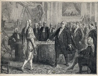 Französische Revolution - Generalversammlung am 23.06.1789: Honoré Gabriel Riqueti, Graf von Mirabeau (1749-1791) apostrophiert Henri Evrard, Marquis von Dreux-Brézé (1762-1829). Gravur von 1889. Private Sammlung