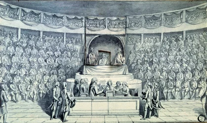 Französische Revolution: König Ludwig XVI. (1754-1793) am Steuer wird während seines Prozesses vor dem Nationalkonvent, der am 21/01/1793 über sein Todesurteil entscheiden wird, von Antoine Barnave (1761-1793) befragt. Anonyme Zeichnung um 1793. Paris