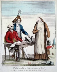 Die Französische Revolution: karikaturistische Darstellung eines Mitglieds des Klerus, das gezwungen ist, das Eigentum der Kirche zurückzugeben. „Man muss dem Kaiser geben, was des Kaisers ist, und der Nation, was der Nation ist.“ Gravur von 1790 Paris, Bi