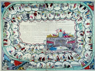 Französische Revolution: Gänsespiel mit den wichtigsten Etappen der Revolution und einer Ansicht der Nationalversammlung. Ende des 18. Jahrhunderts. Paris, B.N.