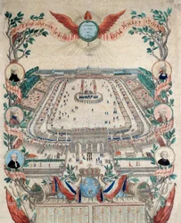 Französische Revolution: Ansicht des Festes der nationalen Föderation am 14/07/1790 auf dem Marsfeld. Stich von 1790. Paris, Nationalarchiv